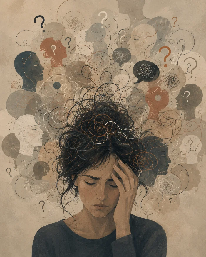 Illustration of a woman surrounded by silhouettes and question marks