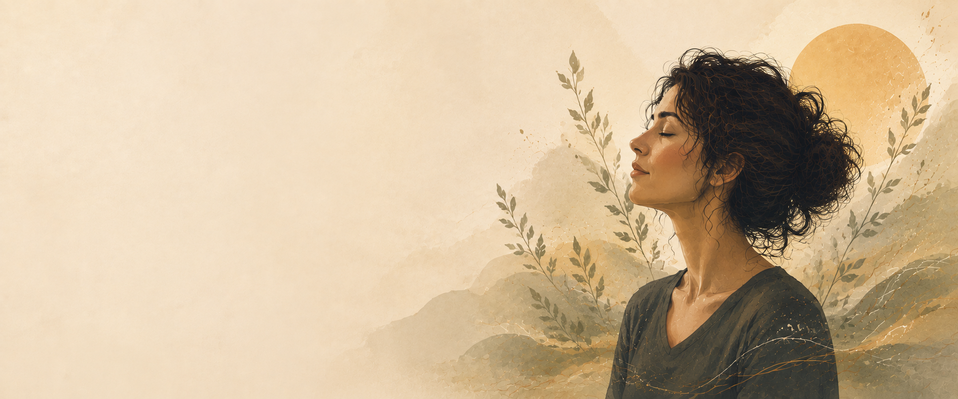 A woman with her eyes closed turned toward the light, illustration in warm beige tones